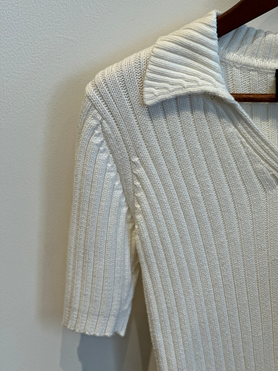 White Ribbed Knit Polo Top