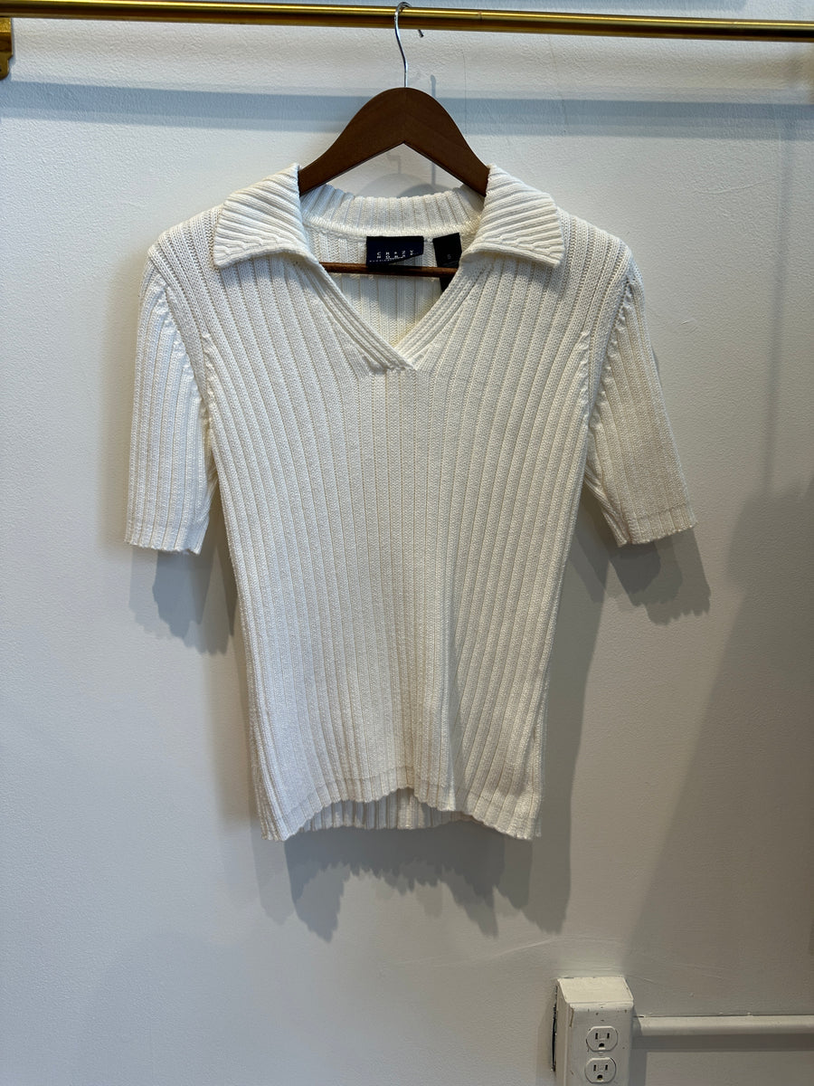 White Ribbed Knit Polo Top