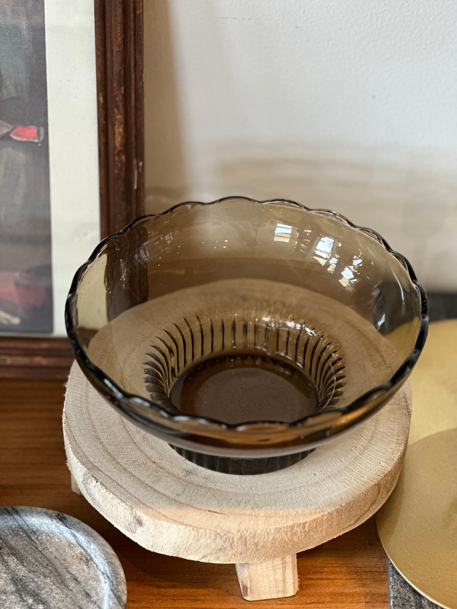 Vintage Scalloped Smoke Glass Bowl